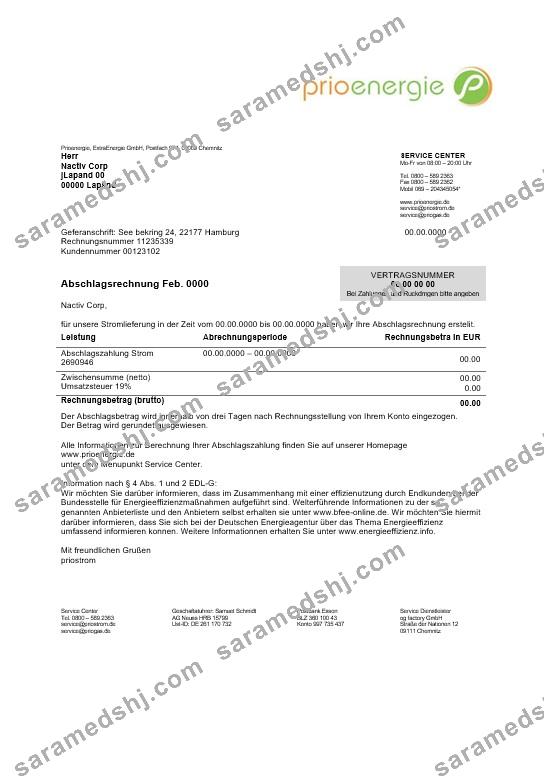 Germany Prioenergie proof of address business utility bill template in Word and PDF formats
